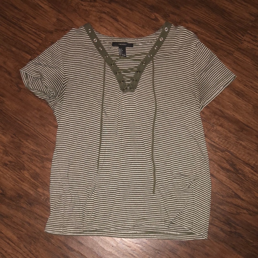 Army Green and White Striped Criss Cross Tee
